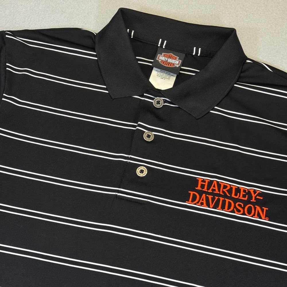 HARLEY DAVIDSON Performance Polo Mens M Black Striped Embroidered Logo Shirt
